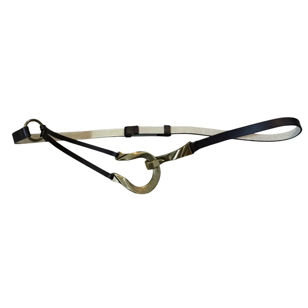 Chicos Genuine Leather‎ Belt Women ML Gold Tone Abstract Buckle
